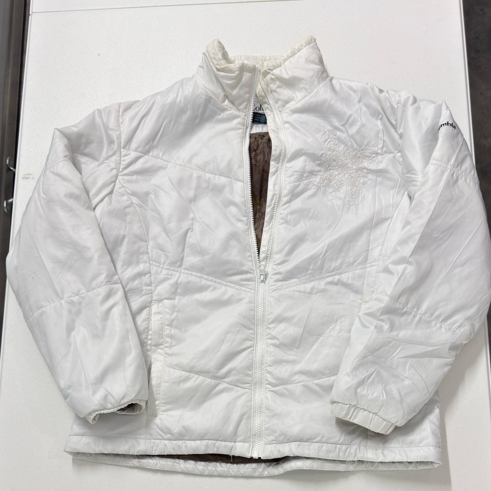 Columbia Interchange Puffer Jacket Womens Large White Excellent Embroidered Zip